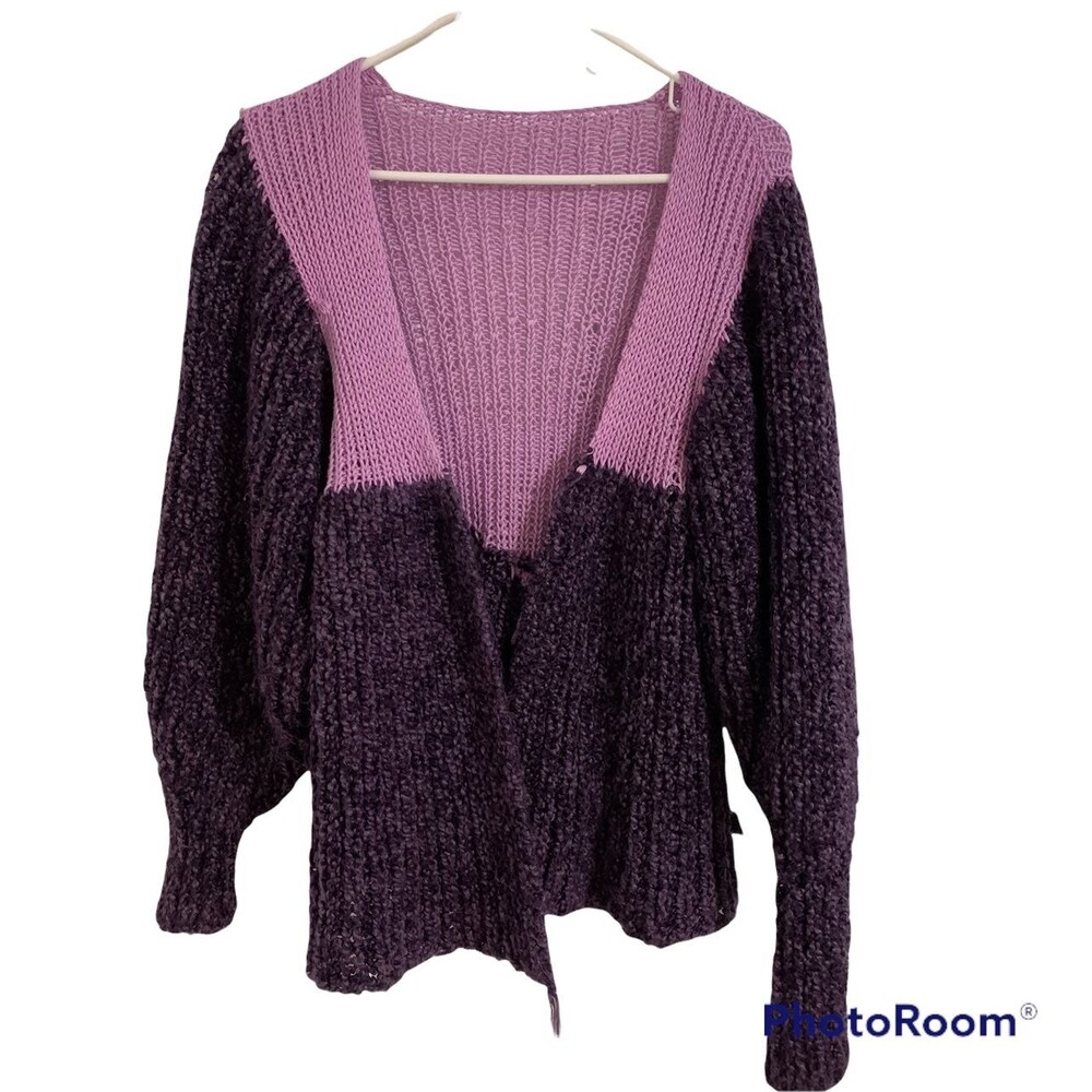 HANDMADE KNIT WOOL AND COTTON CARDIGAN DARK PURPLE